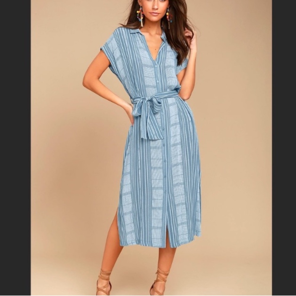 Lulu’s LUSH I'm the One Striped Shirt Dress Womens M Blue Denim/Ivory Tie Waist